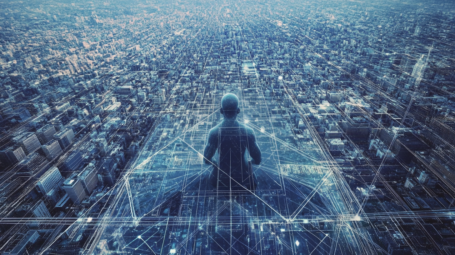 The Thinker looking out over a vast digital blueprint cityscape
